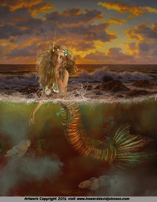 painting of a mewrmaid  breaking the surface artwork